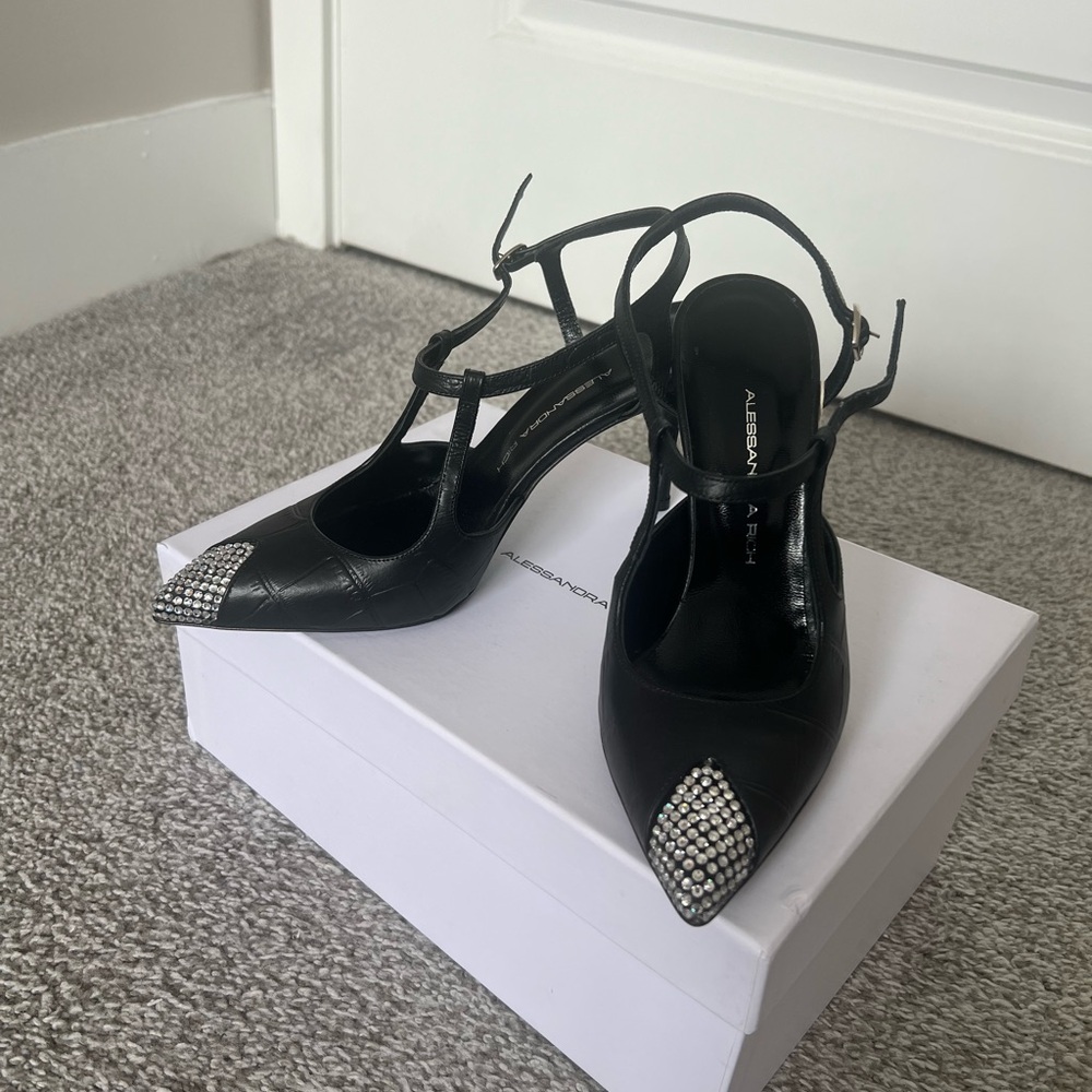 Alessandra Rich Black Crystal-Embellished Pointed T-Strap Heels